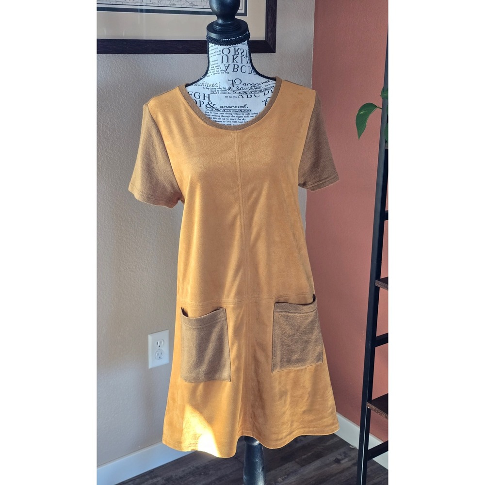 Grifflin Paris Faux Suede Shift Dress Tunic Short Sleeve Pocketed Size L‎